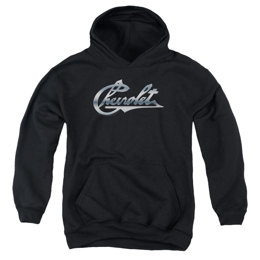 AN OFFCIALLY LICENSED CHEVROLET CHROME VINTAGE CHEVY BOWTIE YOUTH HOODIE BLACK