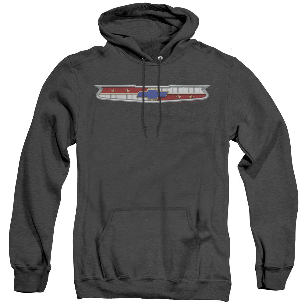 AN OFFCIALLY LICENSED CHEVROLET 56 BEL AIR EMBLEM ADULT UNISEX HEATHER PULLOVER HOODIE BLACK