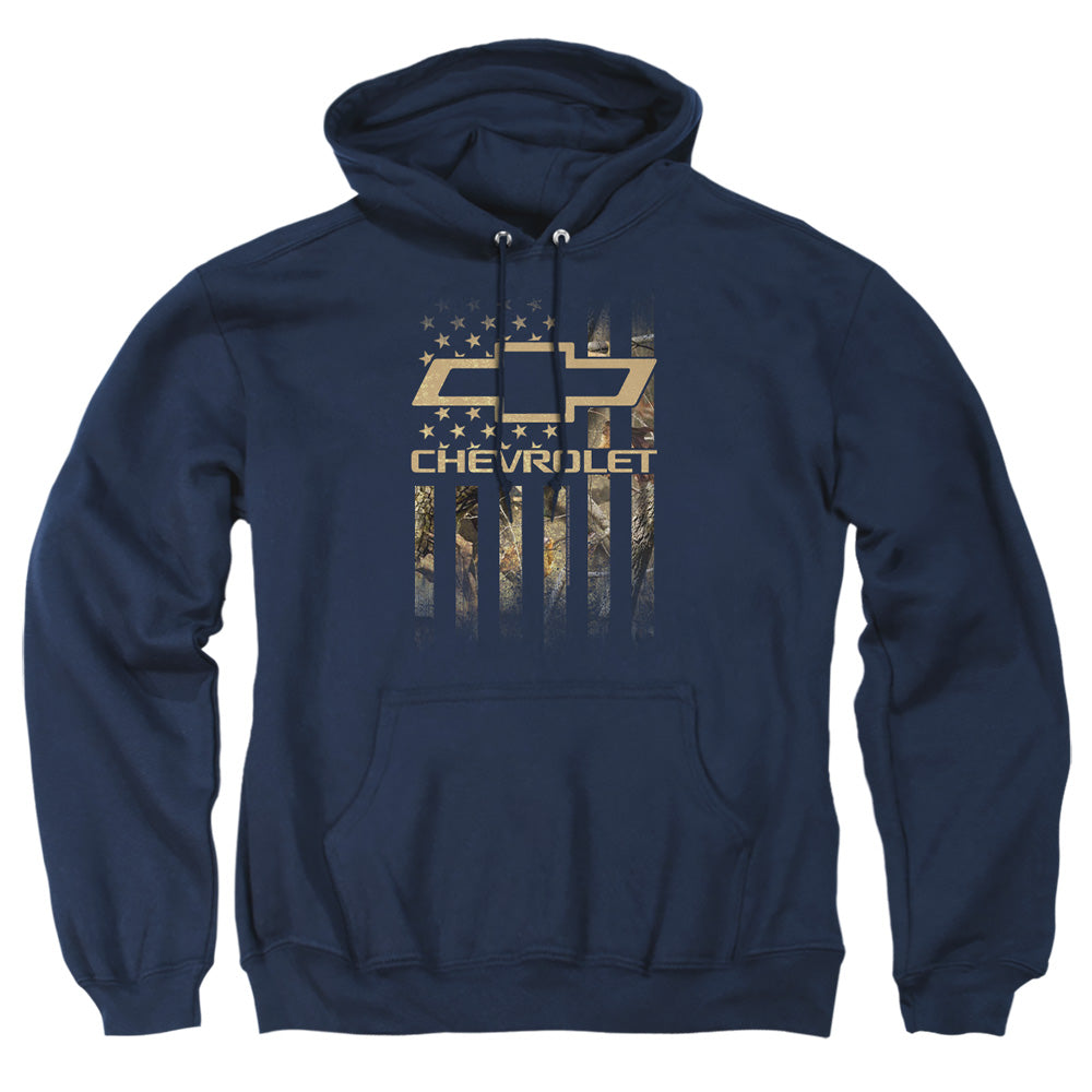 AN OFFCIALLY LICENSED CHEVROLET CAMO FLAG ADULT UNISEX PULLOVER HOODIE NAVY