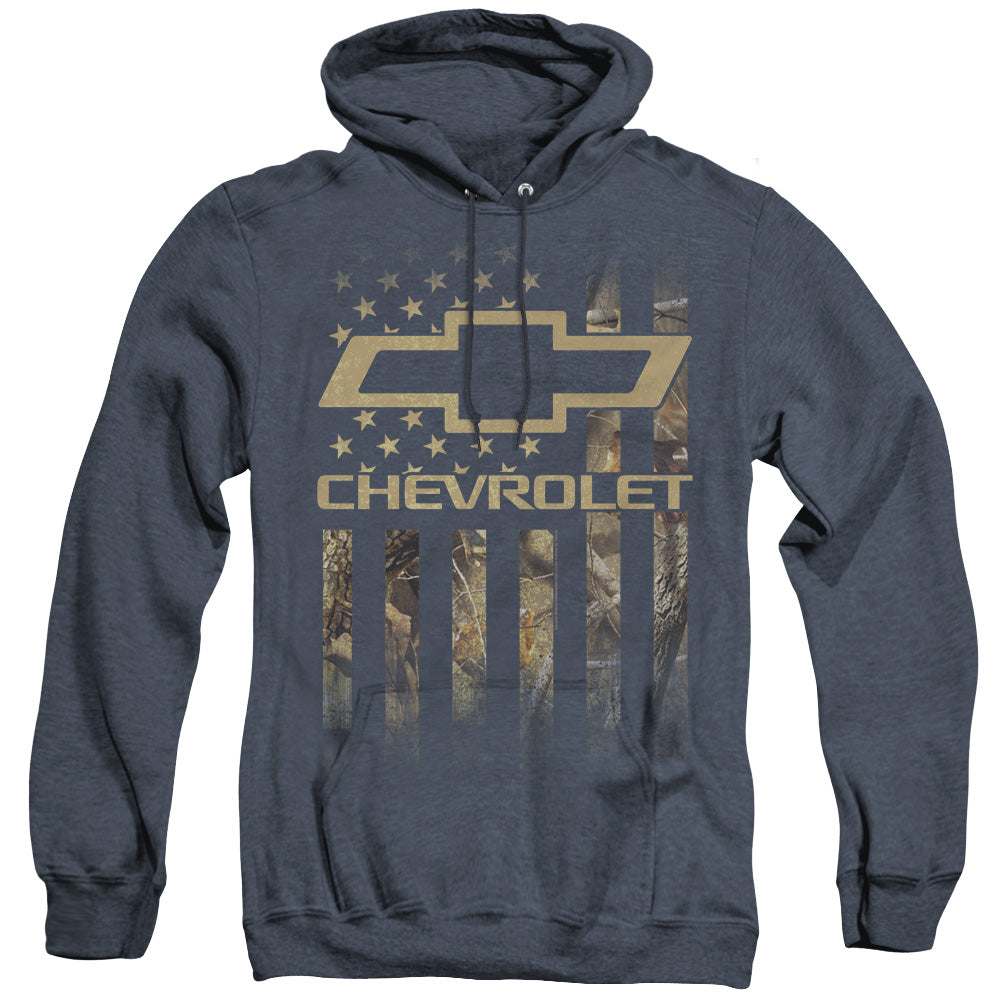 AN OFFCIALLY LICENSED CHEVROLET CAMO FLAG ADULT UNISEX HEATHER PULLOVER HOODIE NAVY