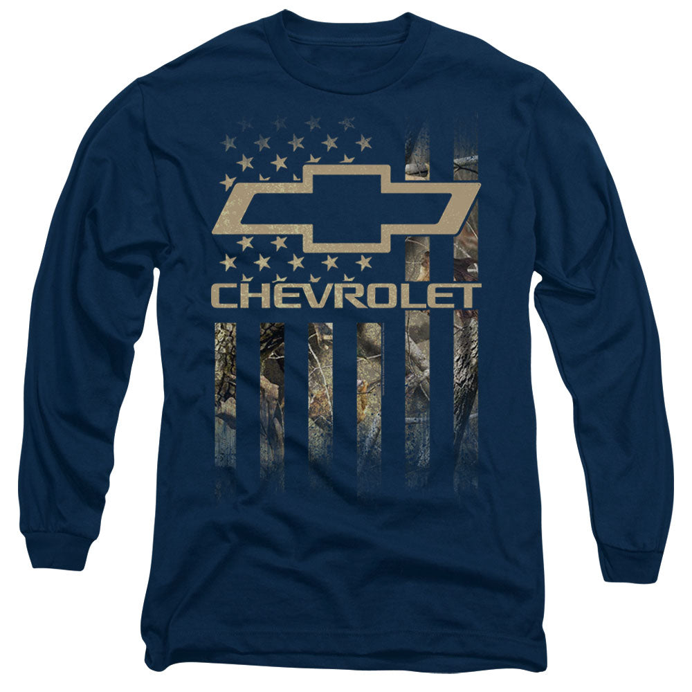 AN OFFCIALLY LICENSED CHEVROLET CAMO FLAG MEN'S LONG SLEEVE T-SHIRT NAVY