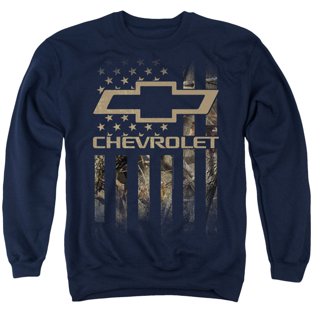 AN OFFCIALLY LICENSED CHEVROLET CAMO FLAG ADULT UNISEX CREWNECK SWEATSHIRT NAVY