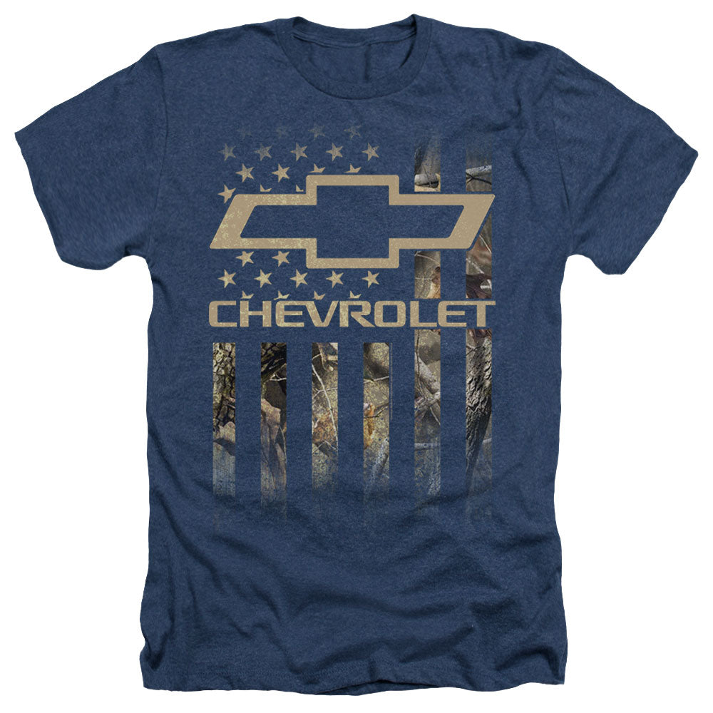 AN OFFCIALLY LICENSED CHEVROLET CAMO FLAG MEN'S HEATHER T-SHIRT NAVY