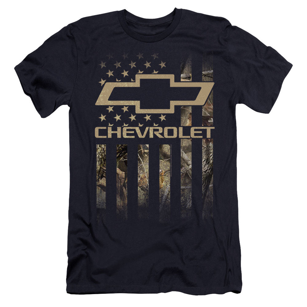 AN OFFCIALLY LICENSED CHEVROLET CAMO FLAG MEN'S PREMIUM SLIM FIT T-SHIRT NAVY