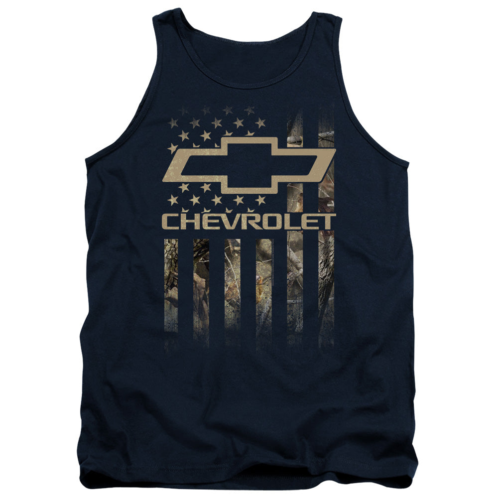 AN OFFCIALLY LICENSED CHEVROLET CAMO FLAG ADULT UNISEX TANK TOP NAVY