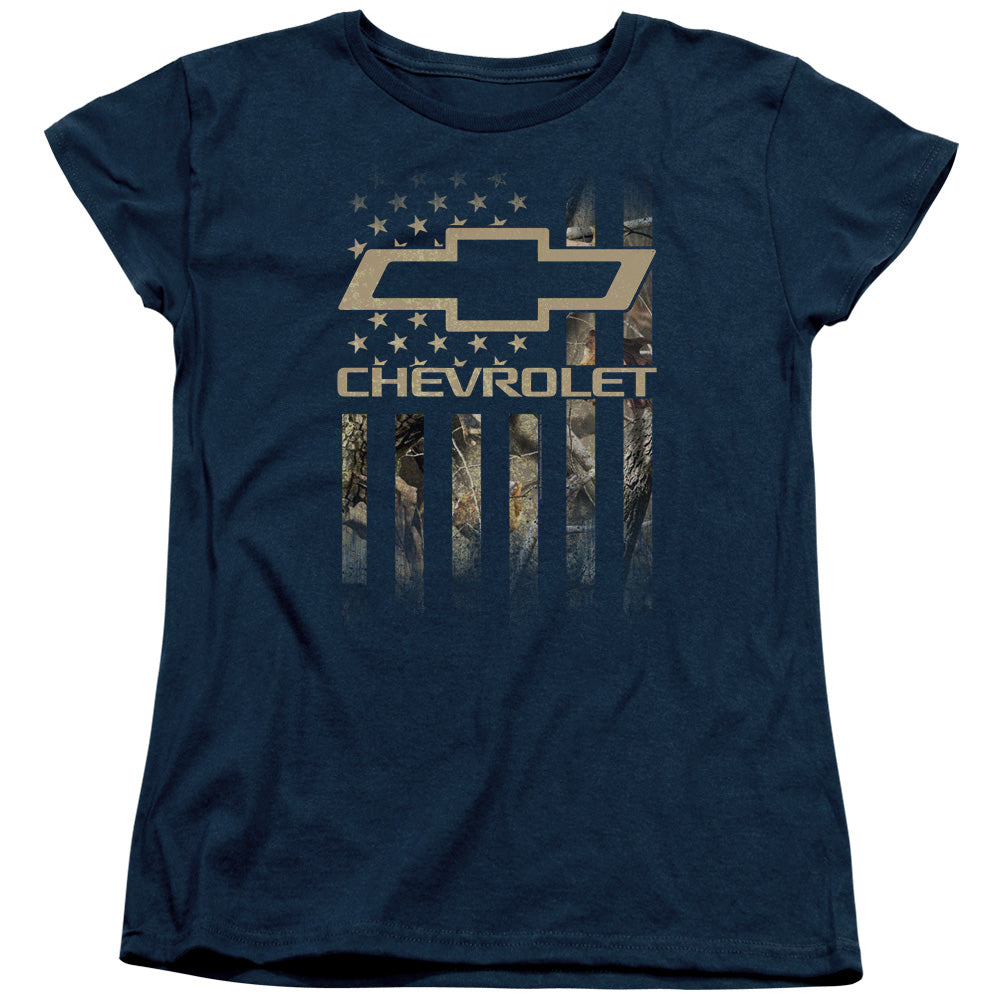 AN OFFCIALLY LICENSED CHEVROLET CAMO FLAG WOMEN'S REGULAR FIT T-SHIRT NAVY