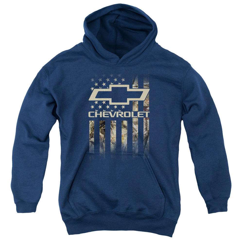 AN OFFCIALLY LICENSED CHEVROLET CAMO FLAG YOUTH HOODIE NAVY