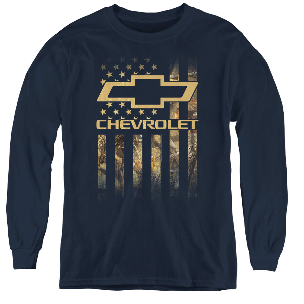 AN OFFCIALLY LICENSED CHEVROLET CAMO FLAG YOUTH LONG SLEEVE T-SHIRT NAVY
