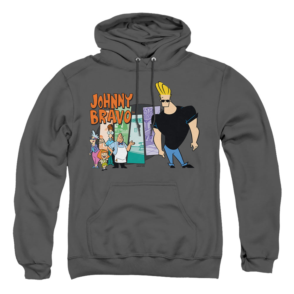 AN OFFCIALLY LICENSED JOHNNY BRAVO JOHNNY & FRIENDS ADULT UNISEX PULLOVER HOODIE CHARCOAL