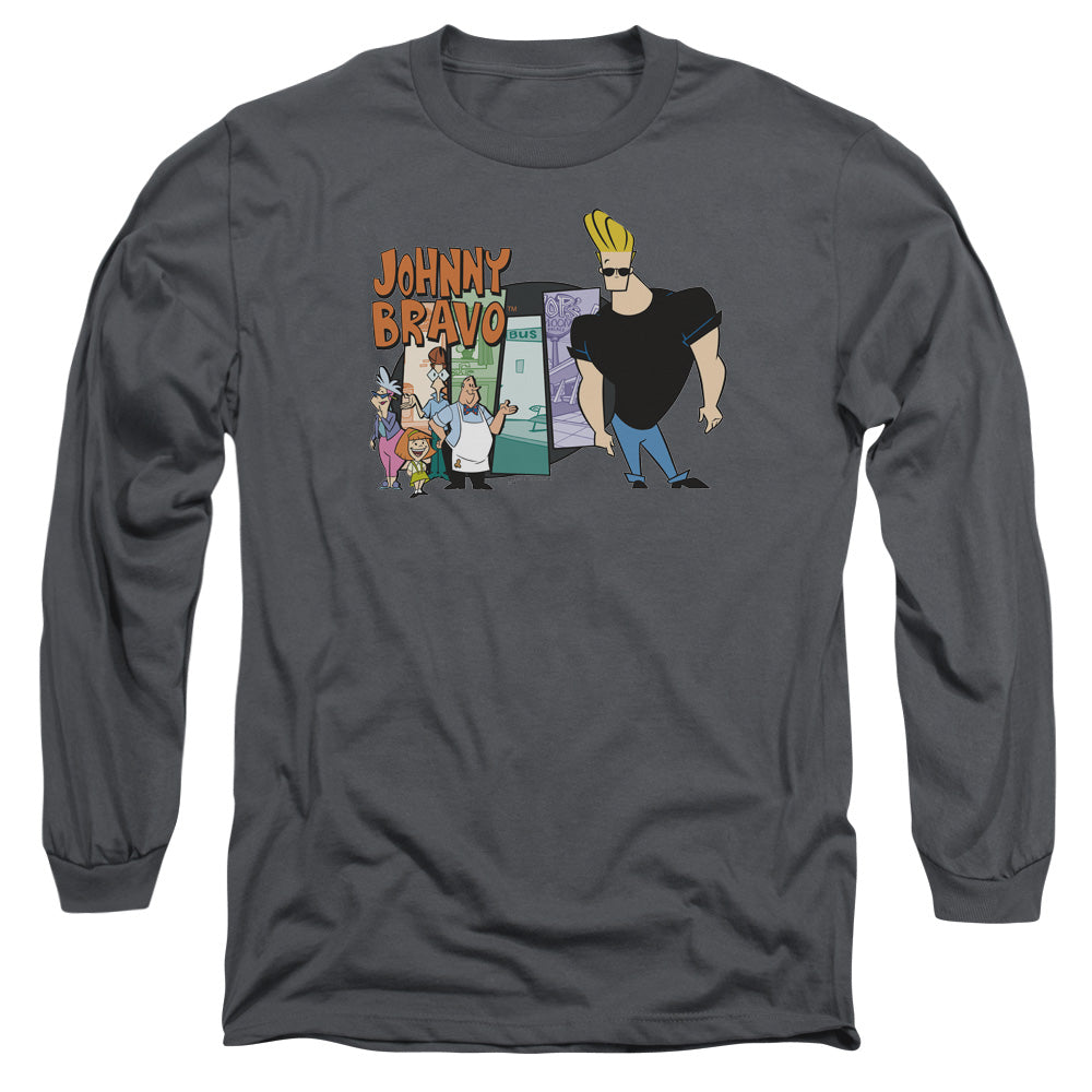 AN OFFCIALLY LICENSED JOHNNY BRAVO JOHNNY & FRIENDS MEN'S LONG SLEEVE T-SHIRT CHARCOAL