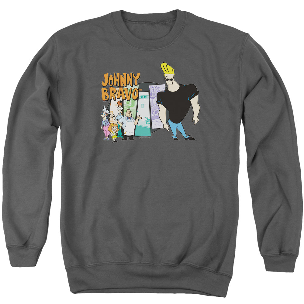 AN OFFCIALLY LICENSED JOHNNY BRAVO JOHNNY & FRIENDS ADULT UNISEX CREWNECK SWEATSHIRT CHARCOAL