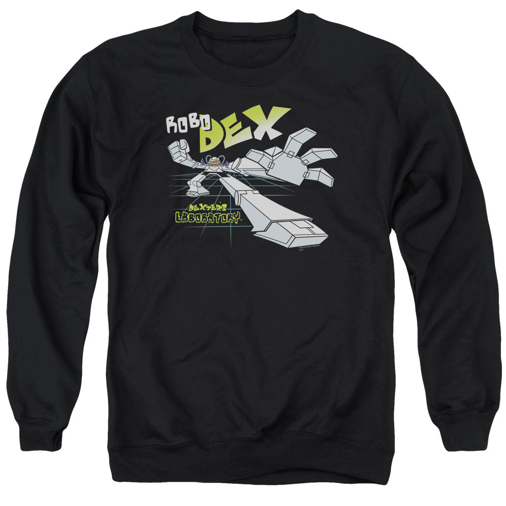 AN OFFCIALLY LICENSED DEXTERS LABORATORY ROBO DEX ADULT UNISEX CREWNECK SWEATSHIRT BLACK
