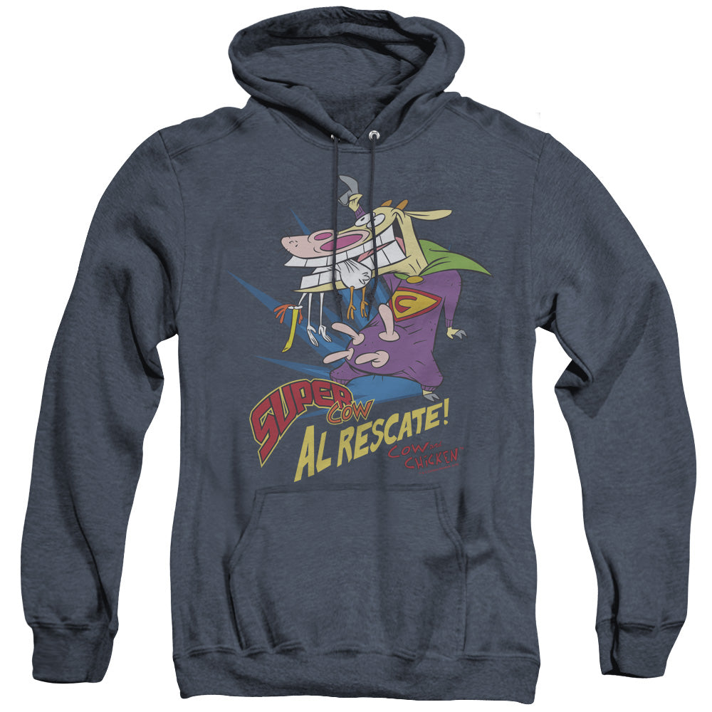 AN OFFCIALLY LICENSED COW & CHICKEN SUPER COW ADULT UNISEX HEATHER PULLOVER HOODIE NAVY