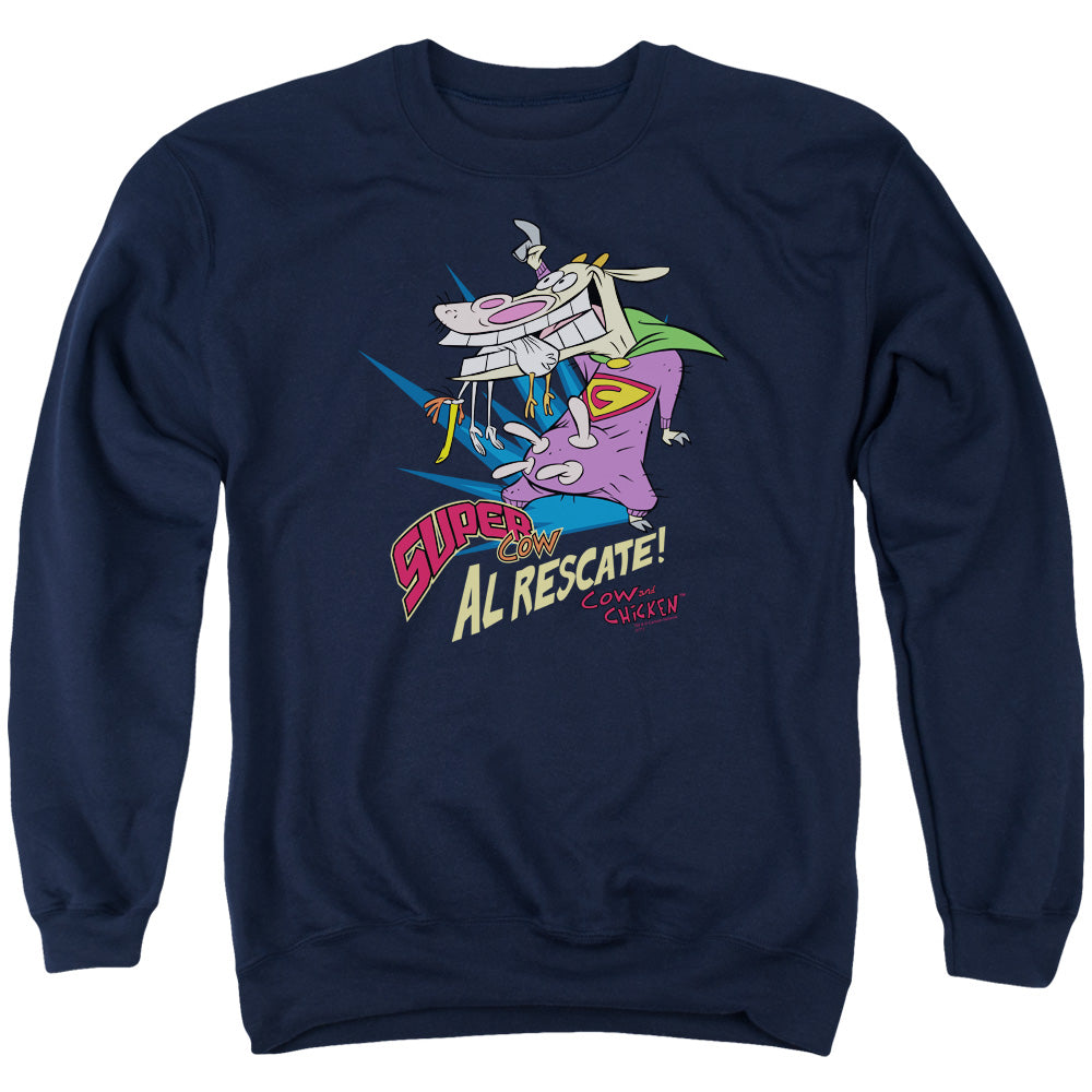 AN OFFCIALLY LICENSED COW & CHICKEN SUPER COW ADULT UNISEX CREWNECK SWEATSHIRT NAVY