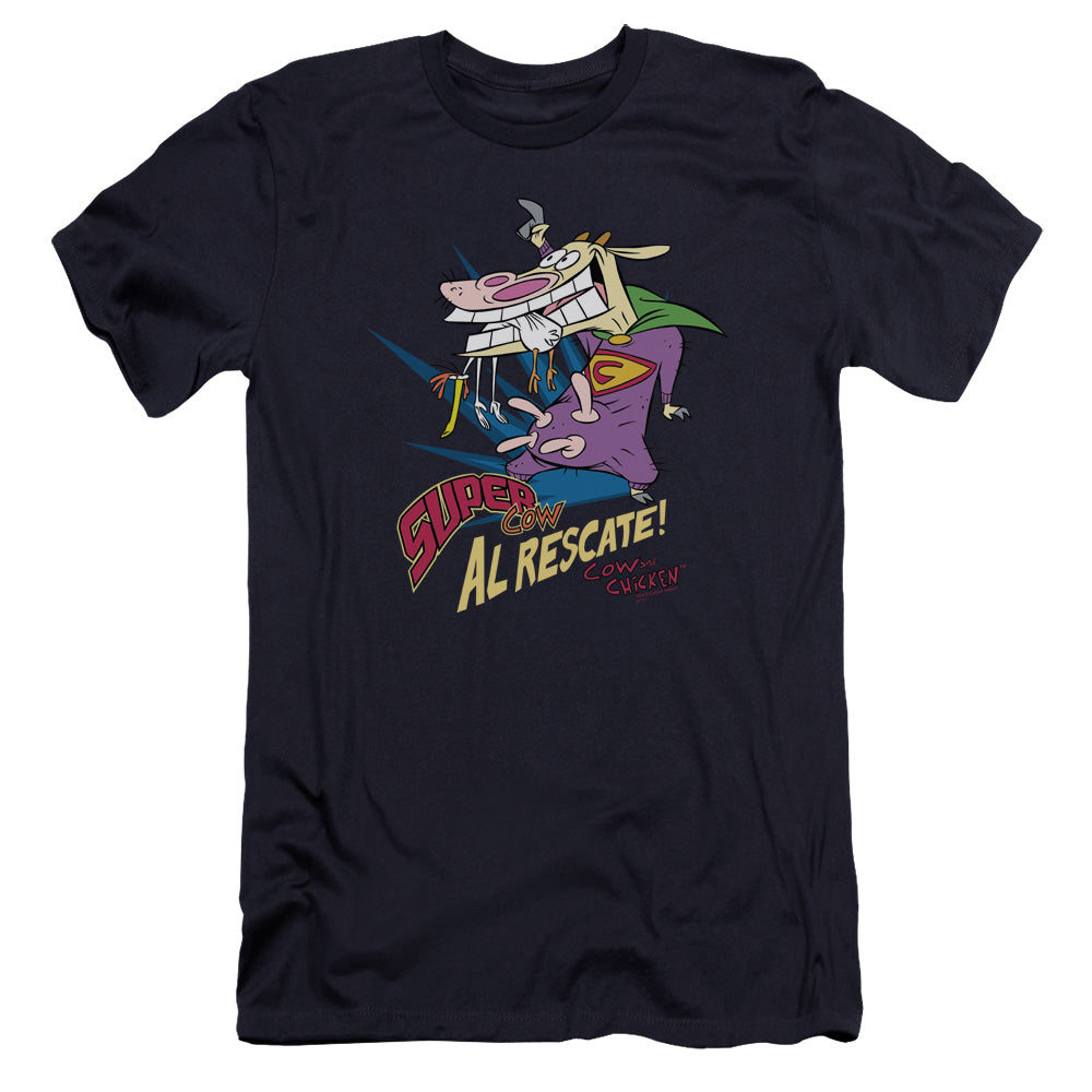 AN OFFCIALLY LICENSED COW & CHICKEN SUPER COW MEN'S PREMIUM SLIM FIT T-SHIRT NAVY