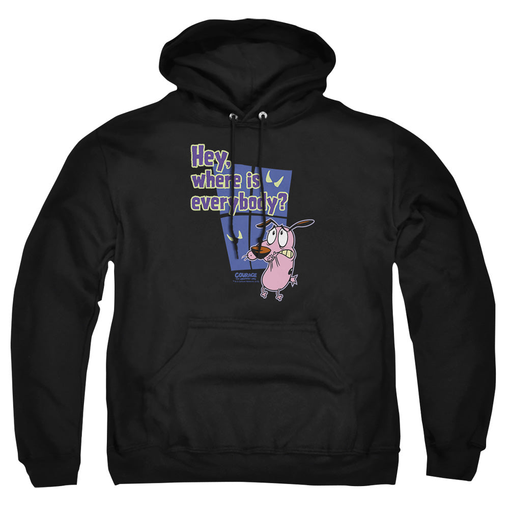 AN OFFCIALLY LICENSED COURAGE WHERE IS EVERYBODY ADULT UNISEX PULLOVER HOODIE BLACK