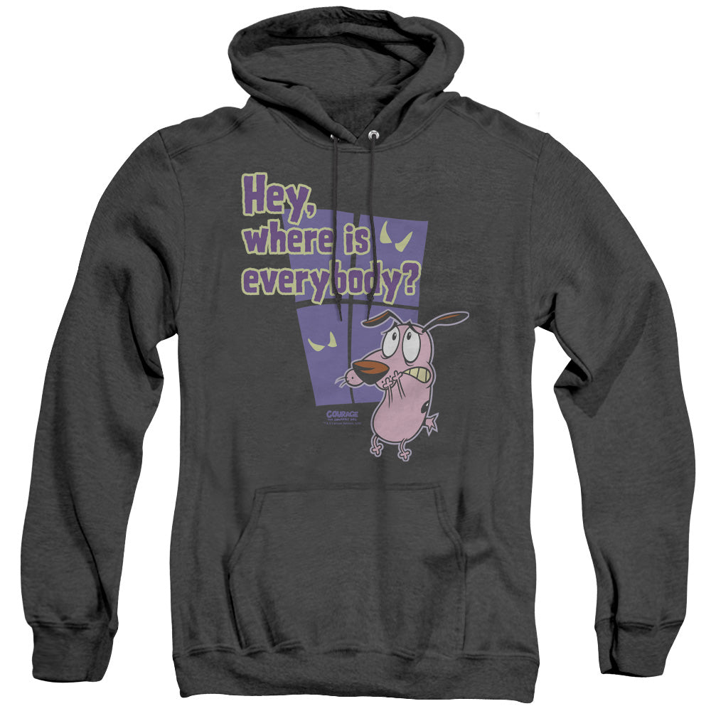 AN OFFCIALLY LICENSED COURAGE WHERE IS EVERYBODY ADULT UNISEX HEATHER PULLOVER HOODIE BLACK