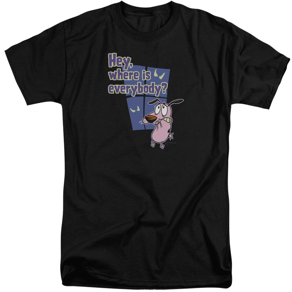 AN OFFCIALLY LICENSED COURAGE WHERE IS EVERYBODY MEN'S TALL FIT T-SHIRT BLACK