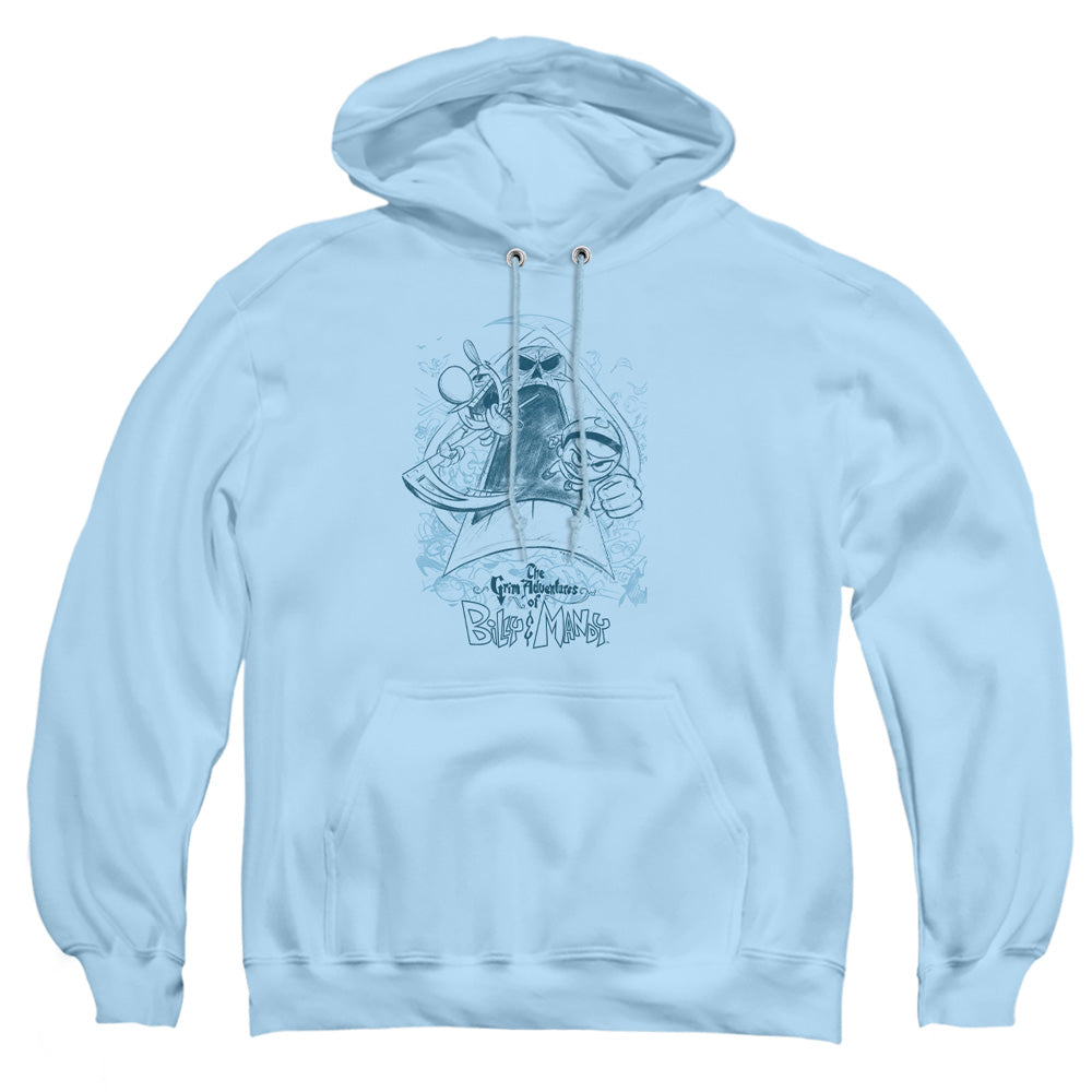 AN OFFCIALLY LICENSED GRIM ADVENTURES OF BILLY & MANDY SKETCHED ADULT UNISEX PULLOVER HOODIE LIGHT BLUE