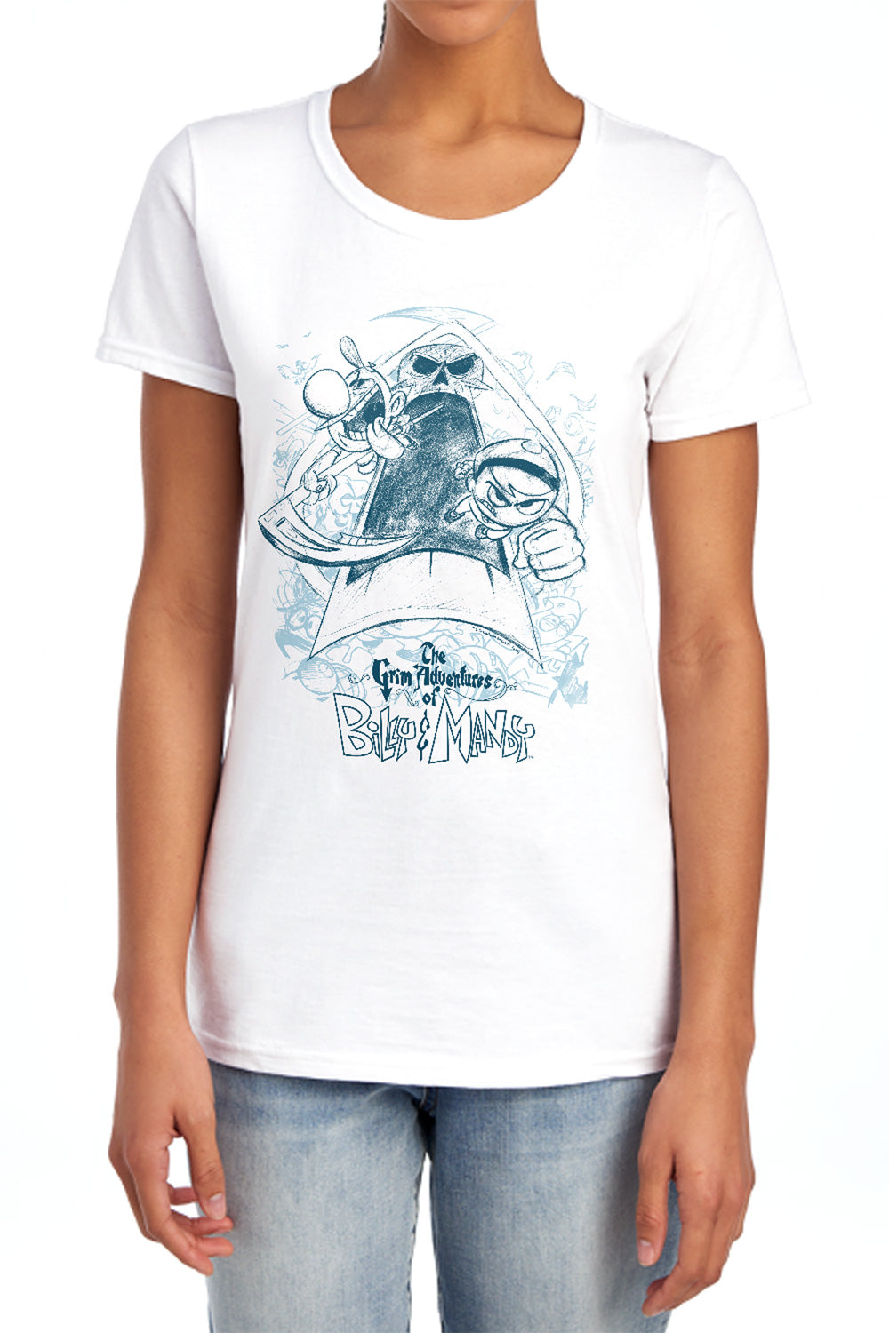 AN OFFCIALLY LICENSED GRIM ADVENTURES OF BILLY & MANDY SKETCHED WOMEN'S REGULAR FIT T-SHIRT LIGHT BLUE