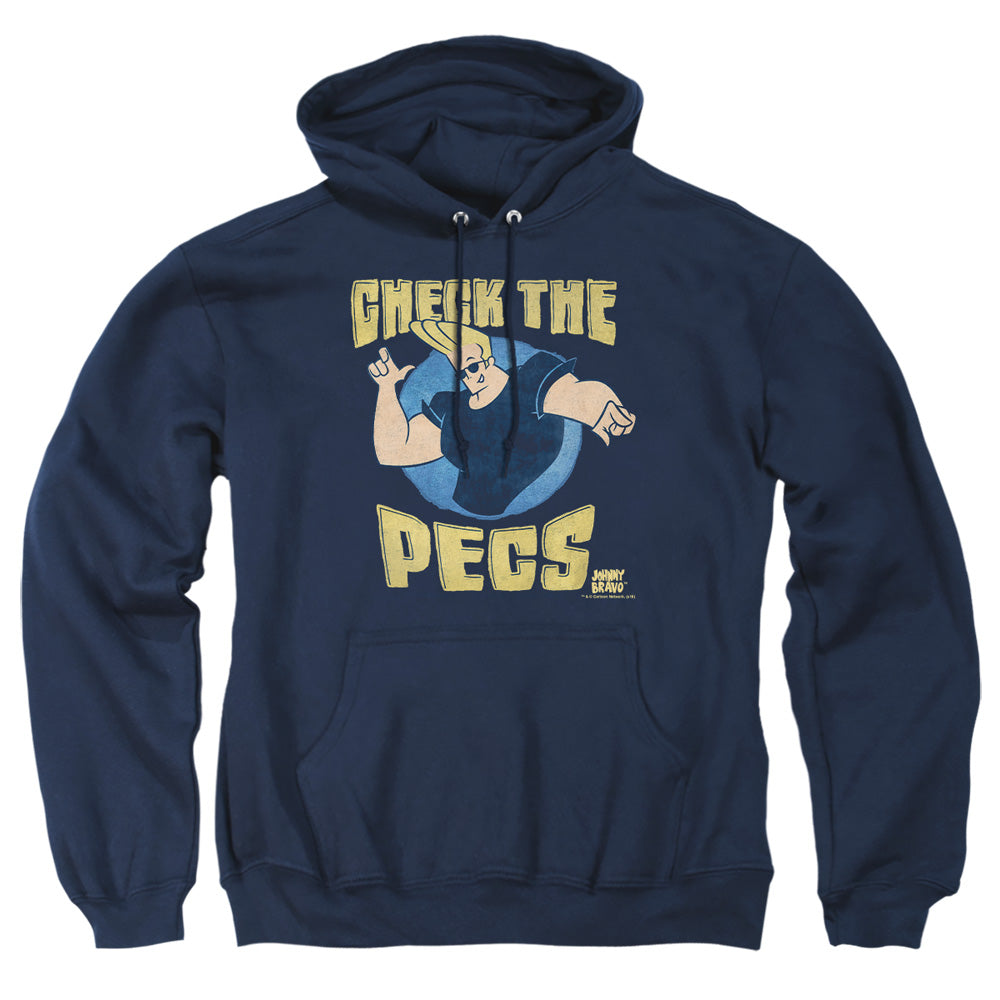 AN OFFCIALLY LICENSED JOHNNY BRAVO CHECK THE PECTS ADULT UNISEX PULLOVER HOODIE NAVY
