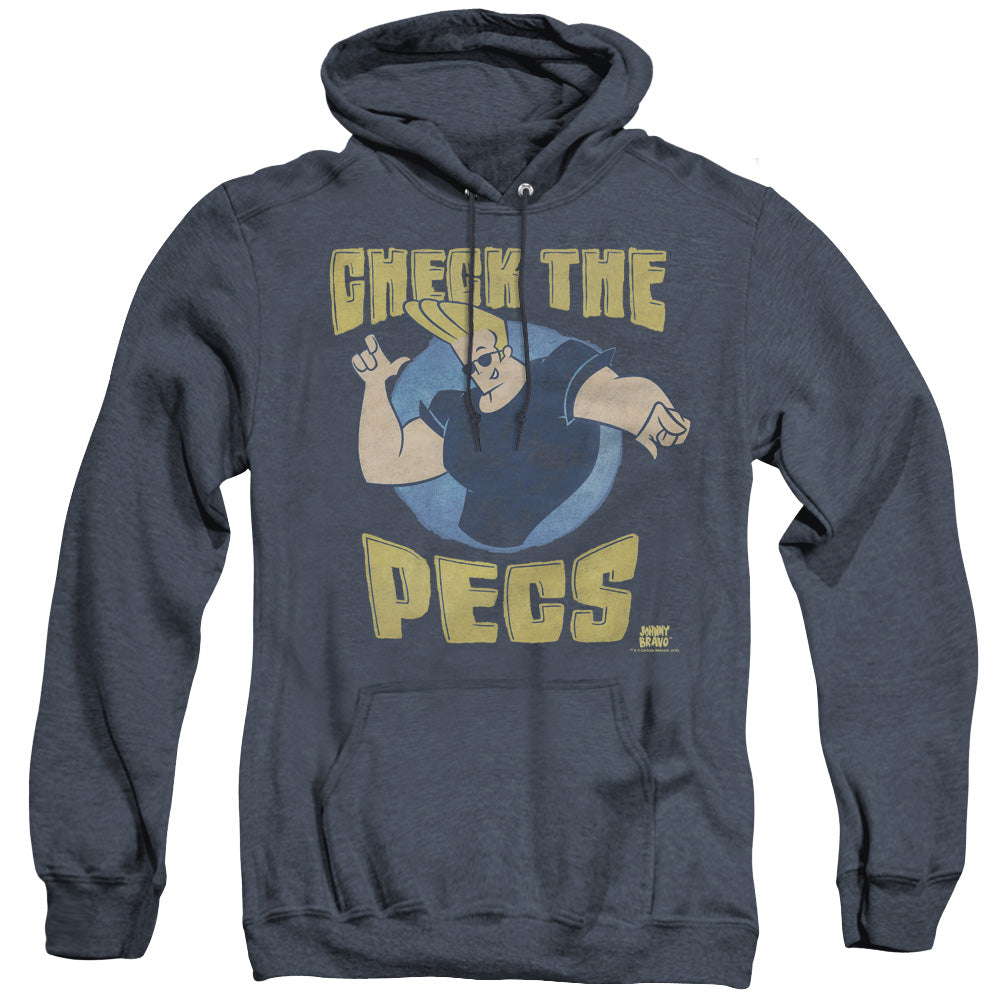 AN OFFCIALLY LICENSED JOHNNY BRAVO CHECK THE PECTS ADULT UNISEX HEATHER PULLOVER HOODIE NAVY