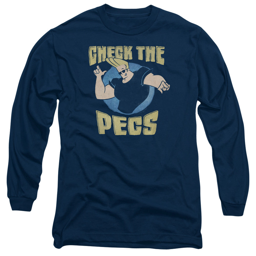 AN OFFCIALLY LICENSED JOHNNY BRAVO CHECK THE PECTS MEN'S LONG SLEEVE T-SHIRT NAVY
