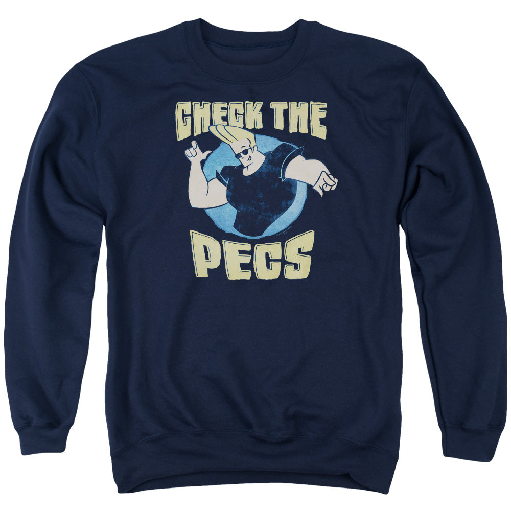 AN OFFCIALLY LICENSED JOHNNY BRAVO CHECK THE PECTS ADULT UNISEX CREWNECK SWEATSHIRT NAVY