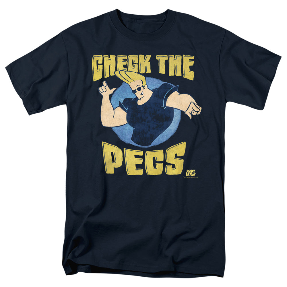 AN OFFCIALLY LICENSED JOHNNY BRAVO CHECK THE PECTS MEN'S REGULAR FIT T-SHIRT NAVY