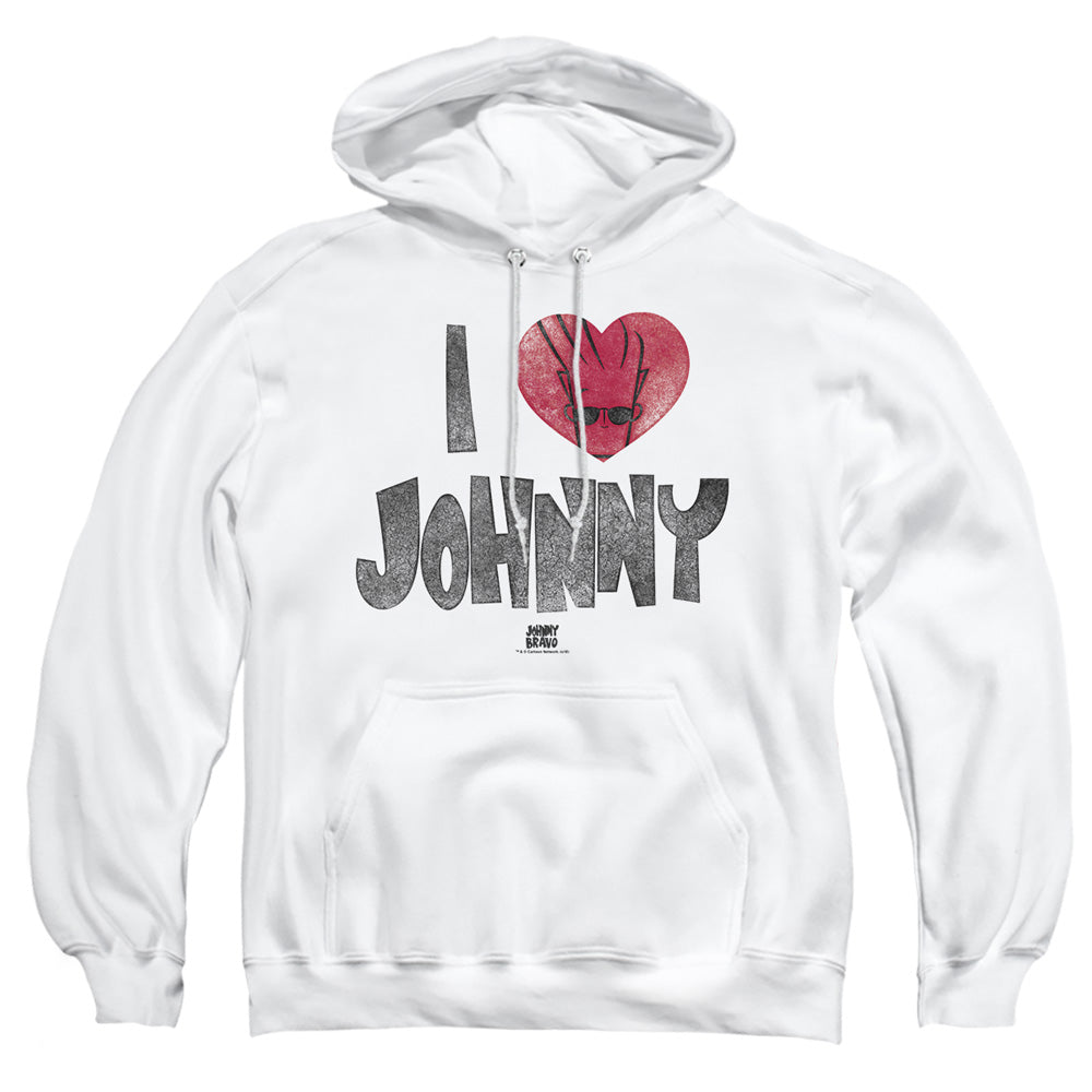 AN OFFCIALLY LICENSED JOHNNY BRAVO I HEART JOHNNY ADULT UNISEX PULLOVER HOODIE WHITE