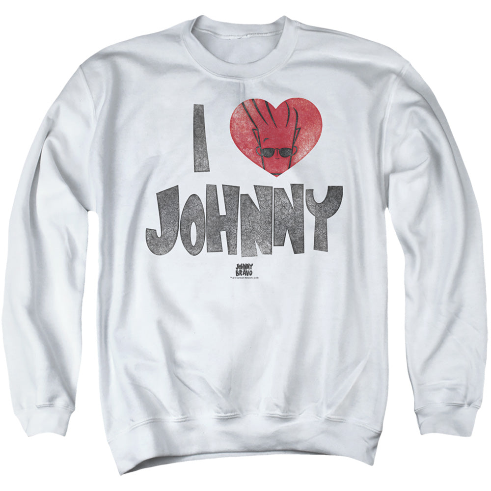 AN OFFCIALLY LICENSED JOHNNY BRAVO I HEART JOHNNY ADULT UNISEX CREWNECK SWEATSHIRT WHITE