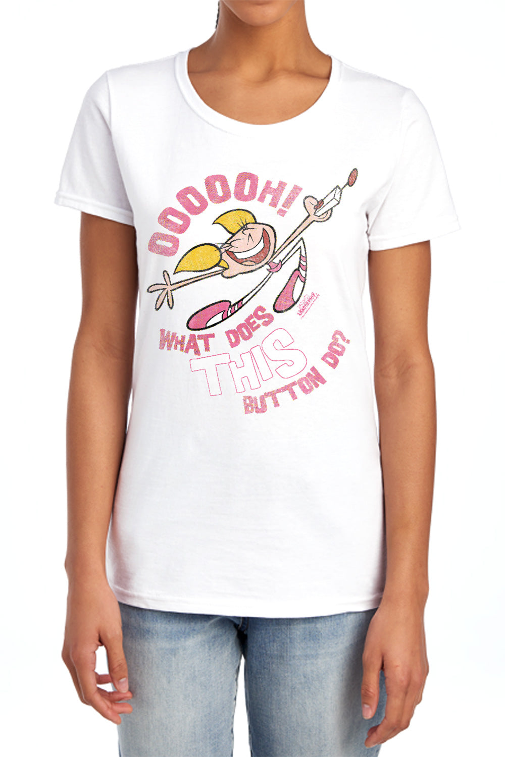 AN OFFCIALLY LICENSED DEXTERS LABORATORY BUTTON WOMEN'S REGULAR FIT T-SHIRT PINK
