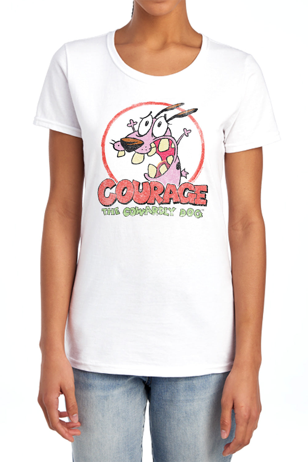 AN OFFCIALLY LICENSED COURAGE THE COWARDLY DOG VINTAGE COURAGE WOMEN'S REGULAR FIT T-SHIRT LIGHT BLUE