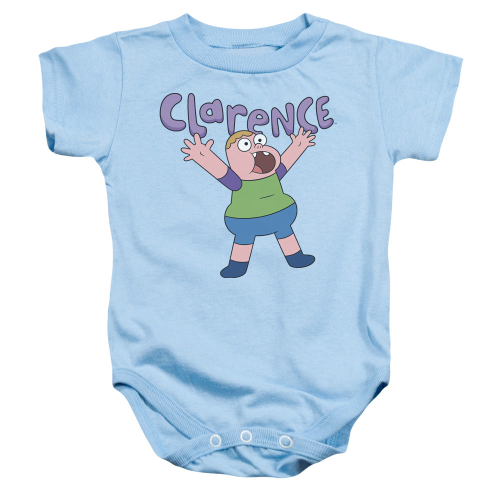 AN OFFCIALLY LICENSED CLARENCE WHOO BABY BODYSUIT LIGHT BLUE