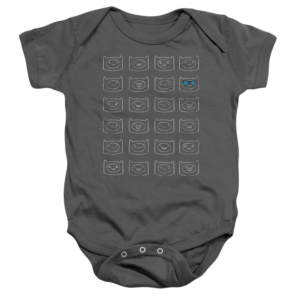 AN OFFCIALLY LICENSED ADVENTURE TIME FINN FACES BABY BODYSUIT CHARCOAL