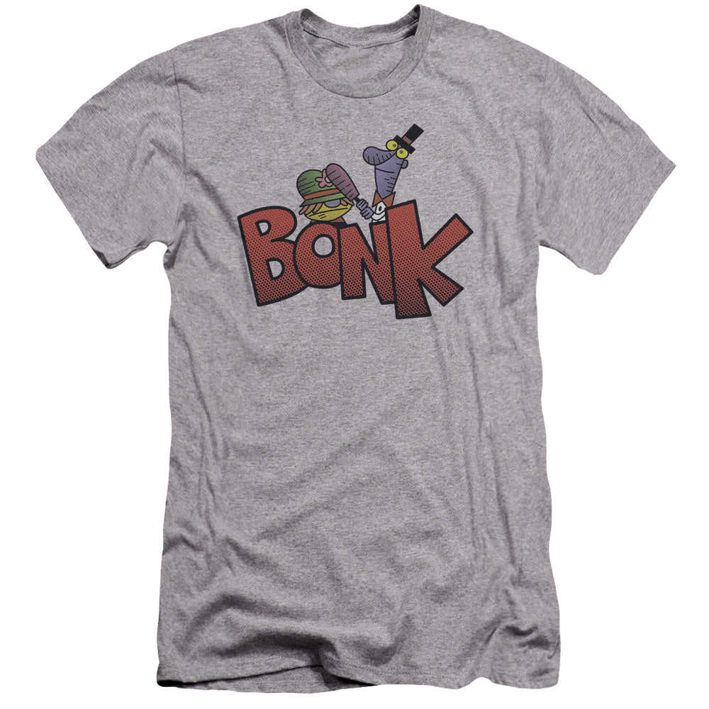 AN OFFCIALLY LICENSED DEXTERS LABORATORY BONK MEN'S PREMIUM SLIM FIT T-SHIRT ATHLETIC HEATHER
