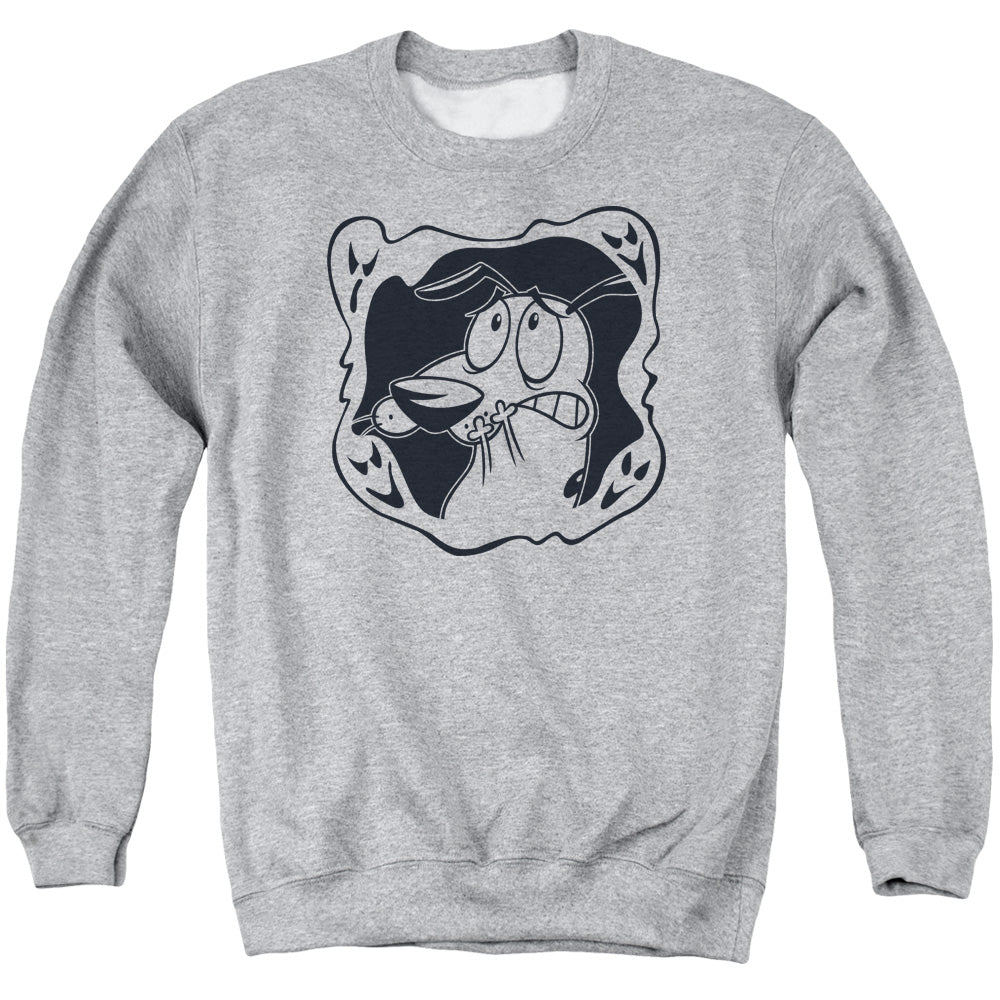 AN OFFCIALLY LICENSED COURAGE THE COWARDLY DOG GHOST FRAME ADULT UNISEX CREWNECK SWEATSHIRT ATHLETIC HEATHER