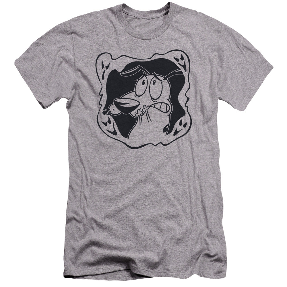 AN OFFCIALLY LICENSED COURAGE THE COWARDLY DOG GHOST FRAME MEN'S PREMIUM SLIM FIT T-SHIRT ATHLETIC HEATHER