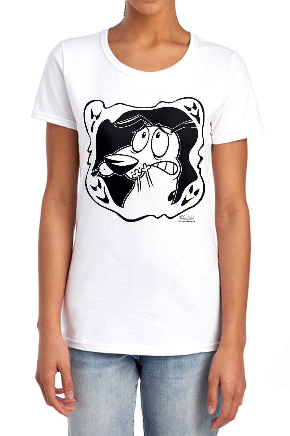 AN OFFCIALLY LICENSED COURAGE THE COWARDLY DOG GHOST FRAME WOMEN'S REGULAR FIT T-SHIRT ATHLETIC HEATHER