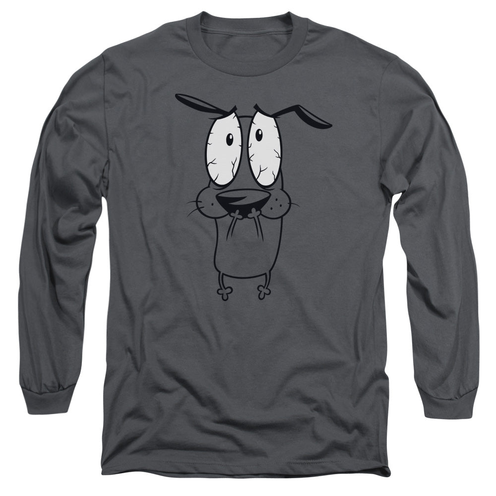 AN OFFCIALLY LICENSED COURAGE THE COWARDLY DOG SCARED MEN'S LONG SLEEVE T-SHIRT CHARCOAL