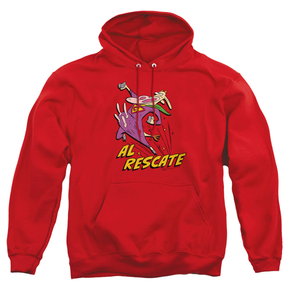 AN OFFCIALLY LICENSED COW AND CHICKEN AL RESCATE ADULT UNISEX PULLOVER HOODIE RED