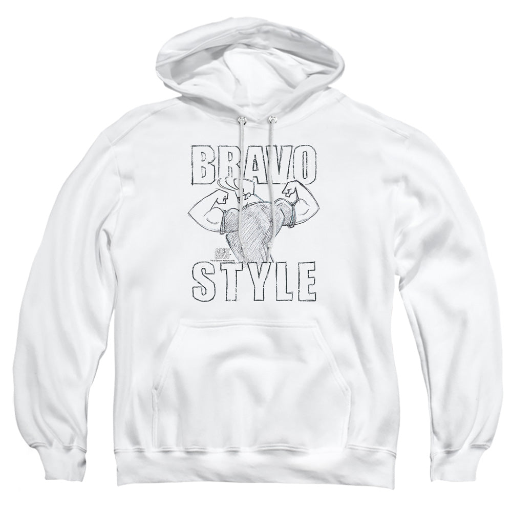 AN OFFCIALLY LICENSED JOHNNY BRAVO BRAVO STYLE ADULT UNISEX PULLOVER HOODIE WHITE