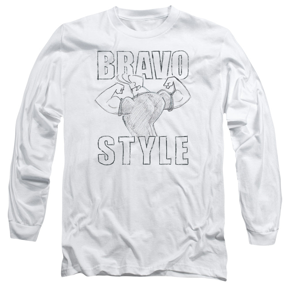 AN OFFCIALLY LICENSED JOHNNY BRAVO BRAVO STYLE MEN'S LONG SLEEVE T-SHIRT WHITE