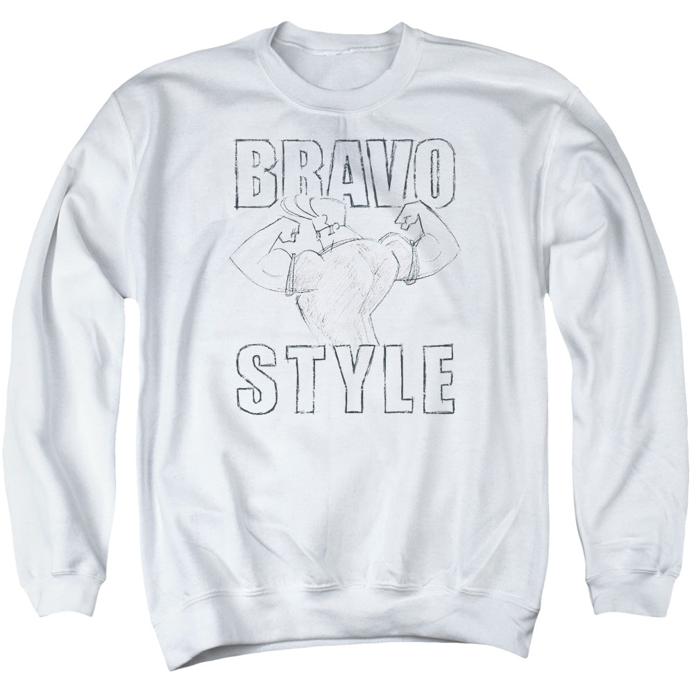 AN OFFCIALLY LICENSED JOHNNY BRAVO BRAVO STYLE ADULT UNISEX CREWNECK SWEATSHIRT WHITE