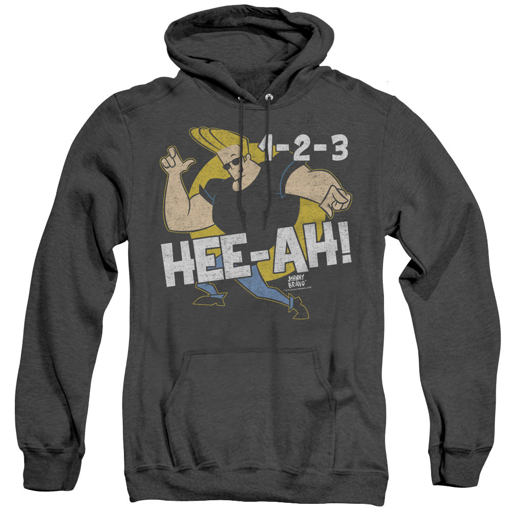 AN OFFCIALLY LICENSED JOHNNY BRAVO 123 ADULT UNISEX HEATHER PULLOVER HOODIE BLACK