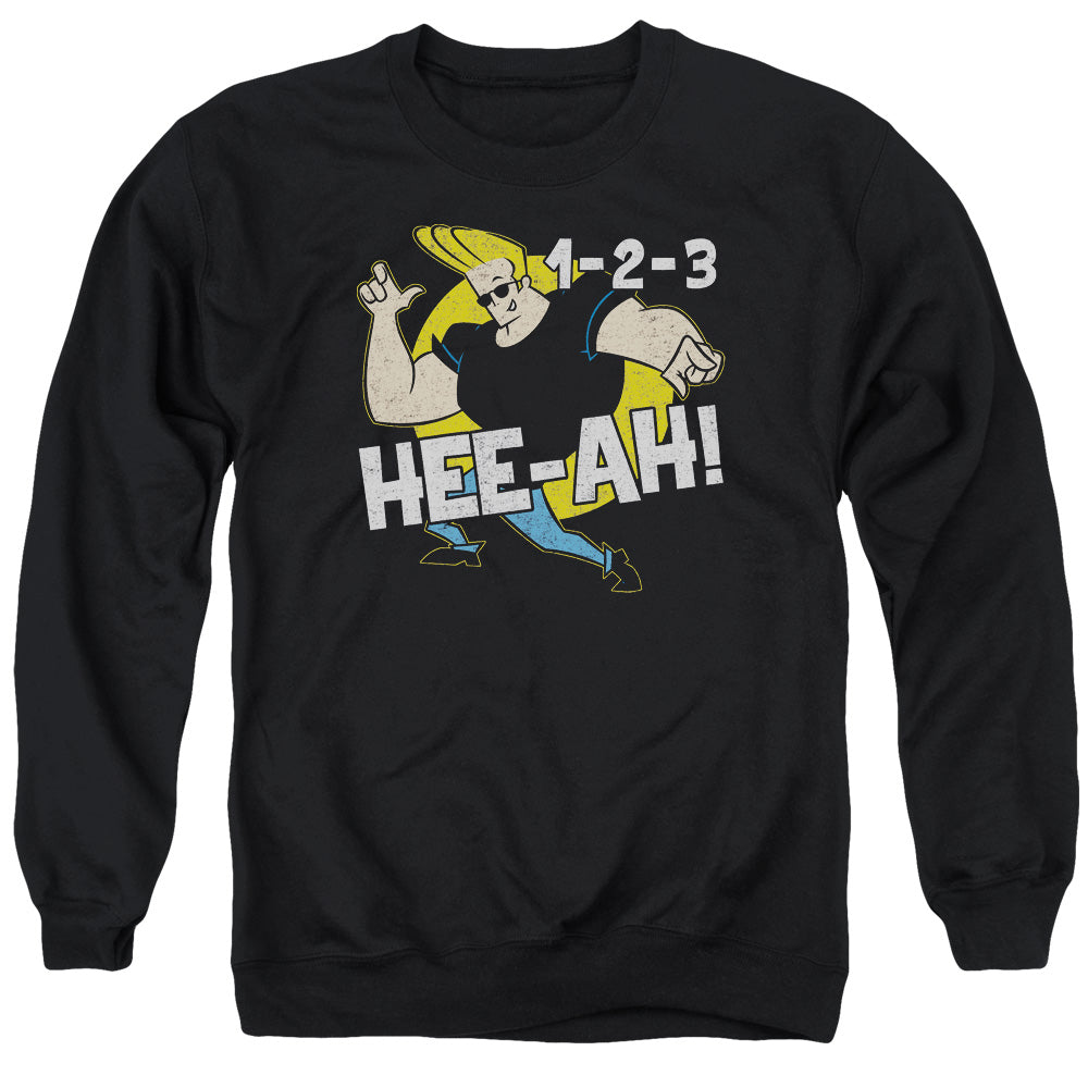 AN OFFCIALLY LICENSED JOHNNY BRAVO 123 ADULT UNISEX CREWNECK SWEATSHIRT BLACK