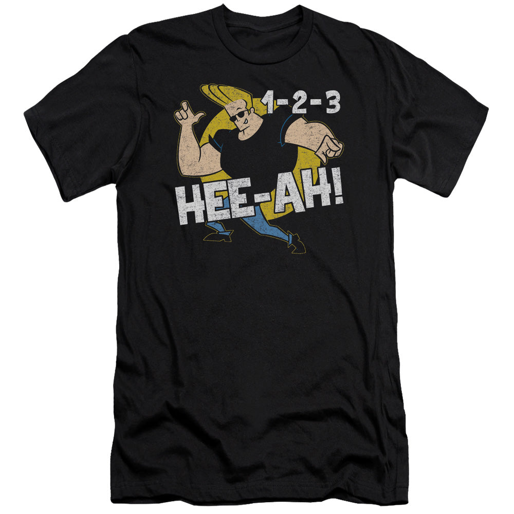 AN OFFCIALLY LICENSED JOHNNY BRAVO 123 MEN'S PREMIUM SLIM FIT T-SHIRT BLACK