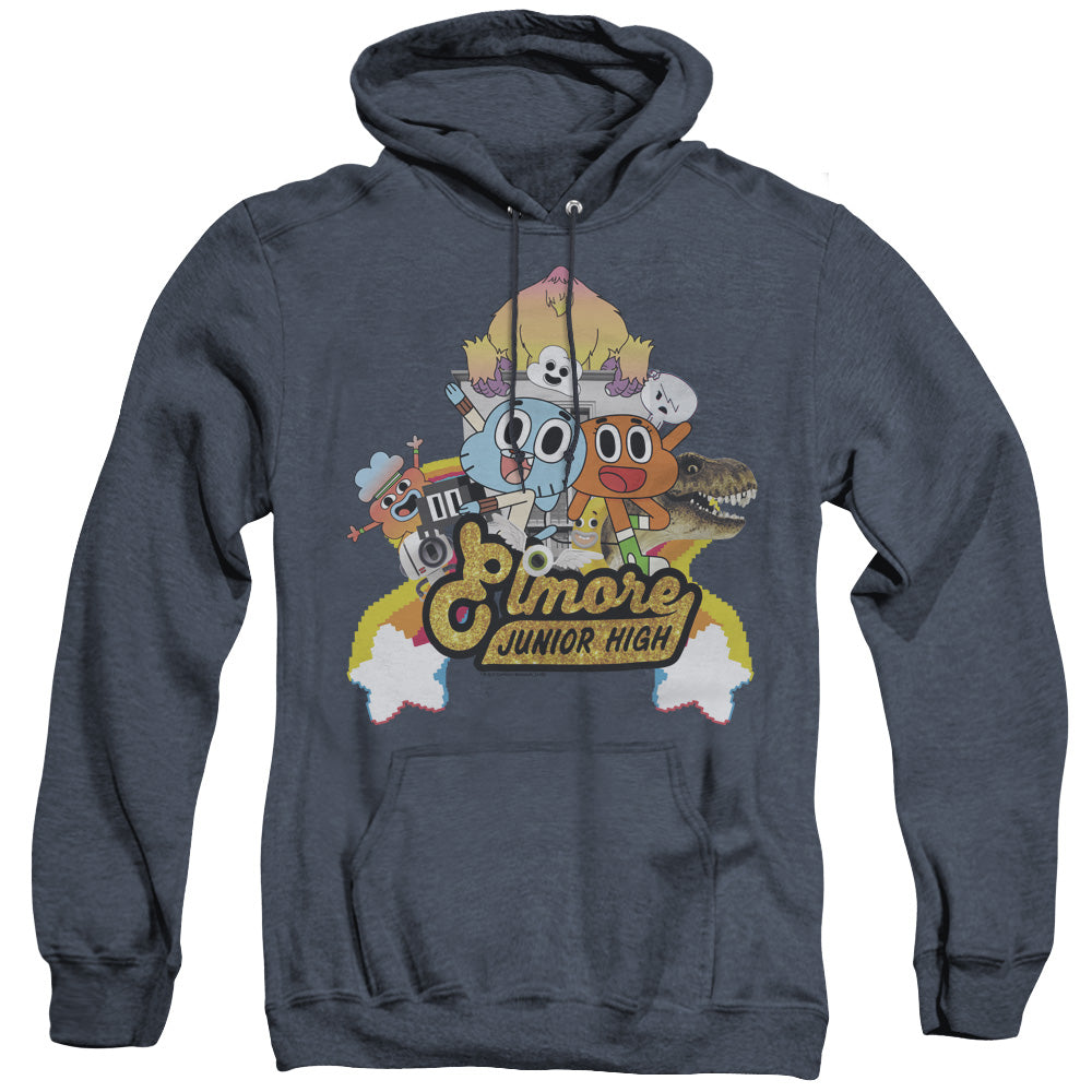 AN OFFCIALLY LICENSED AMAZING WORLD OF GUMBALL ELMORE JUNIOR HIGH ADULT UNISEX HEATHER PULLOVER HOODIE NAVY