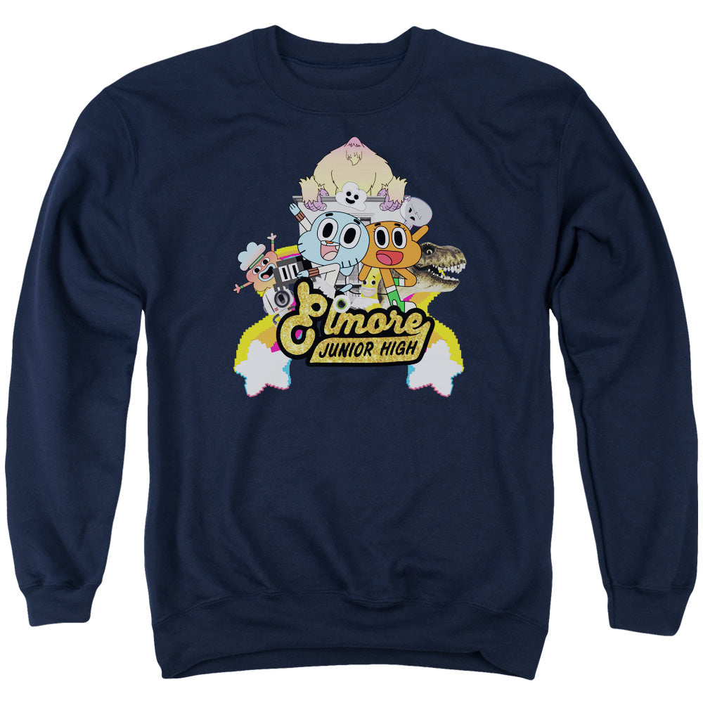 AN OFFCIALLY LICENSED AMAZING WORLD OF GUMBALL ELMORE JUNIOR HIGH ADULT UNISEX CREWNECK SWEATSHIRT NAVY