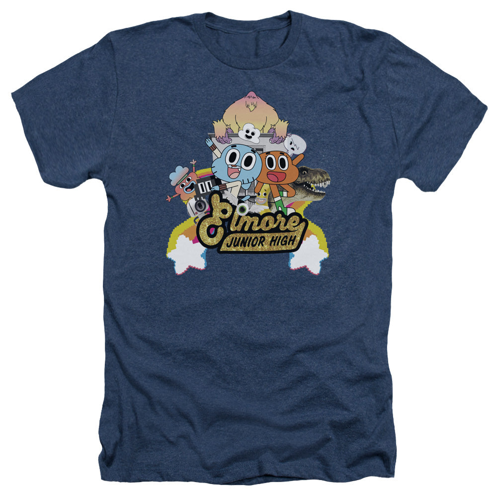 AN OFFCIALLY LICENSED AMAZING WORLD OF GUMBALL ELMORE JUNIOR HIGH MEN'S HEATHER T-SHIRT NAVY